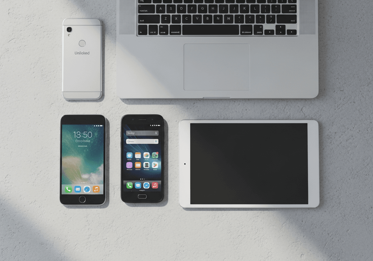 A selection of unlocked enterprise devices arranged on a clean workspace