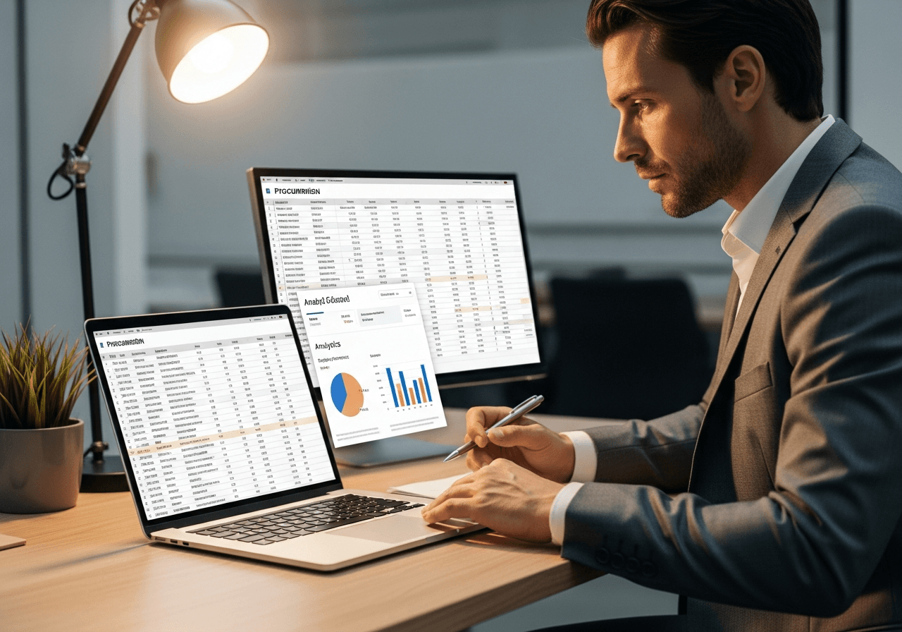 Procurement dashboard analytics on a tablet alongside printed reports